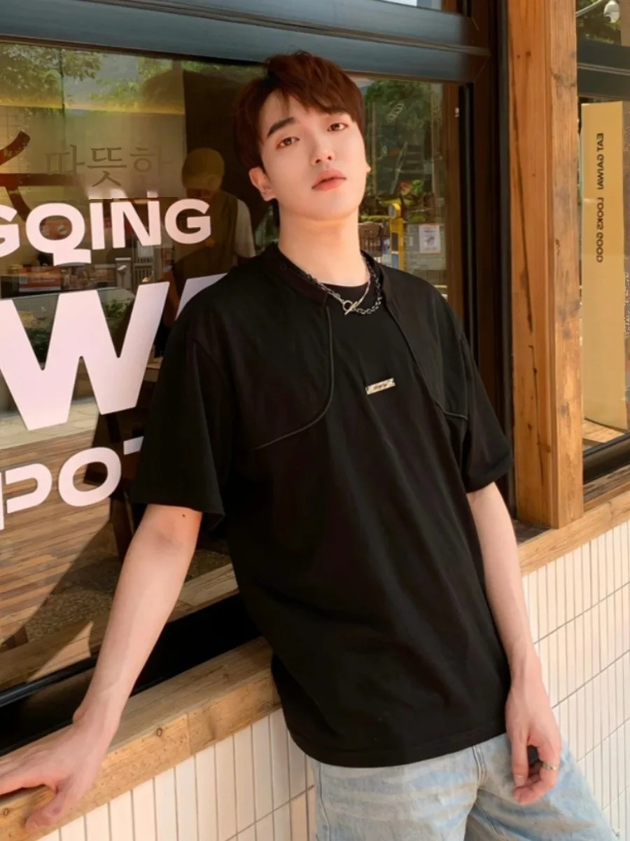 Korean Sle Hair Slist Design Sense Short sleeve Men's Simple Sneaky Retro Loose 230G Comfortable Fashion Brand T-s...