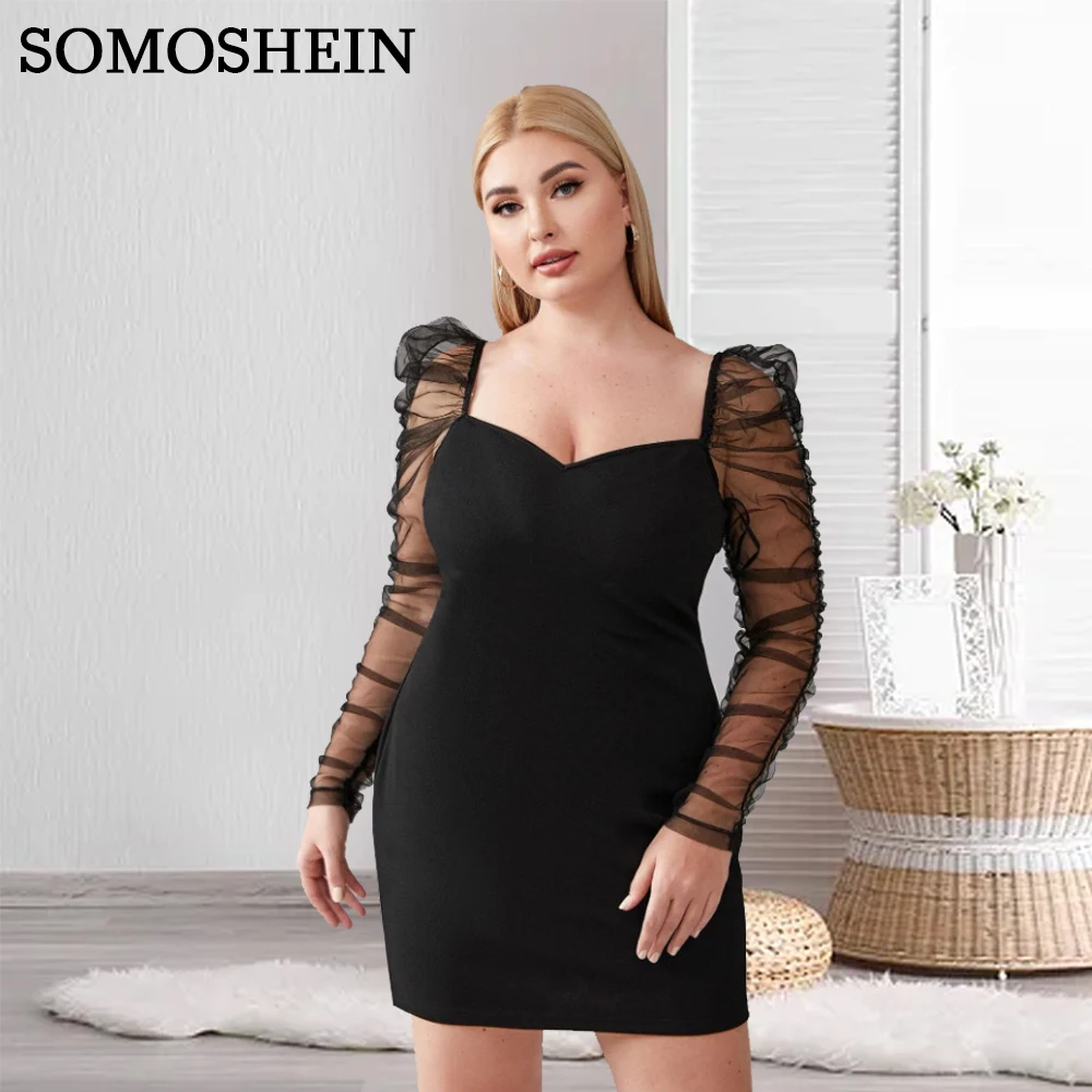 

SOMOSHEIN Plus Size Women Clothing Sexy High Waist Mesh Tube Top Long Sleeve Black Dress Club Party Dress Wholesale Dropshipping