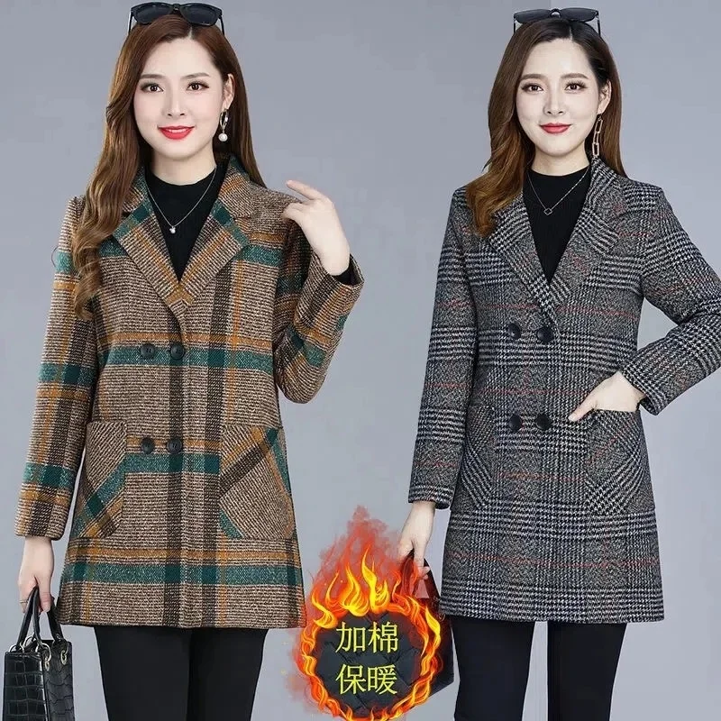 

New Middle-aged Women's Coats Fashion Grid Woolen Overcoat Female Autumn Winter Wool & Blends Pockets Elegant Woman Jackets 5XL