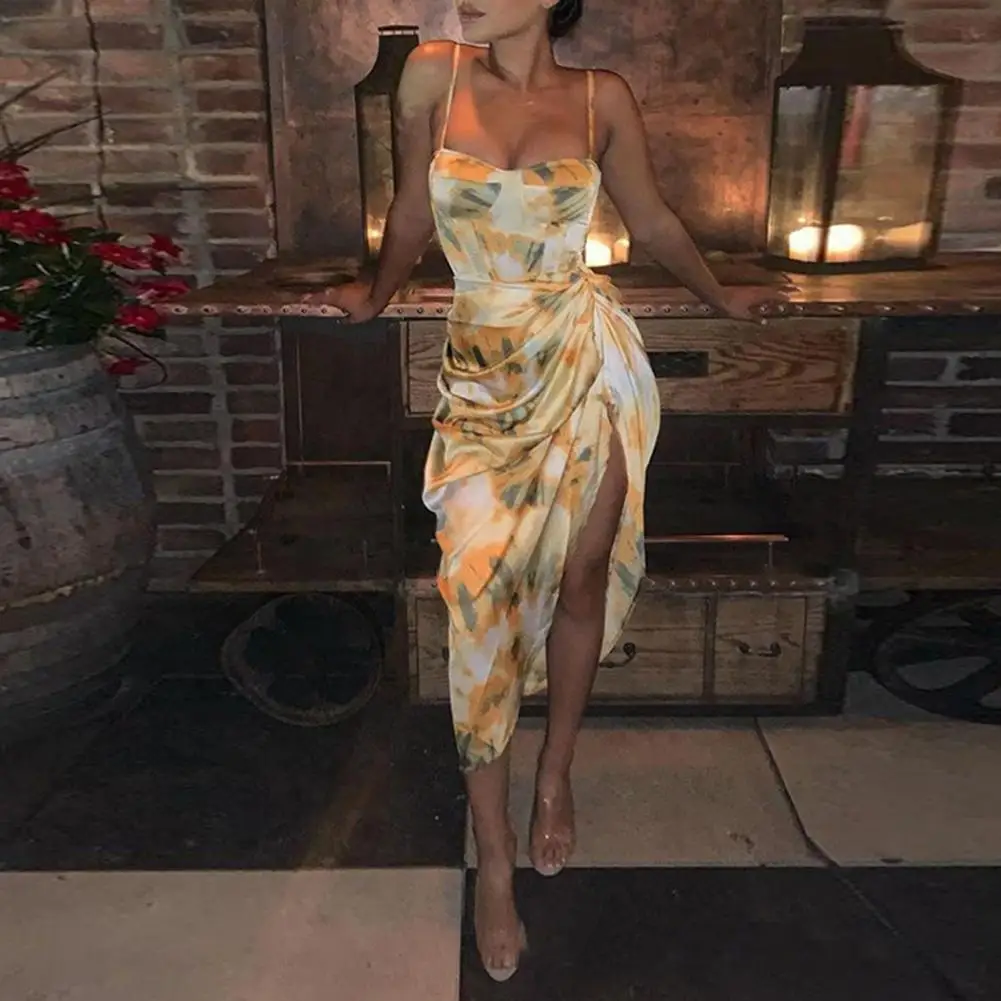 

Low-cut Lady Dress Elegant Artistic Print Prom Ball Dress with High Split Low-cut Backless Design for Women Slim Fit Midi Dress