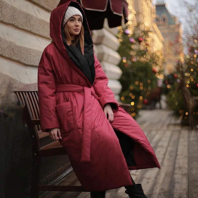 Winter Clothes Women Light Luxury Women's Pocket Hooded Belt Long Cotton Clothing Fashion Warm Loose Sweater Coat Women