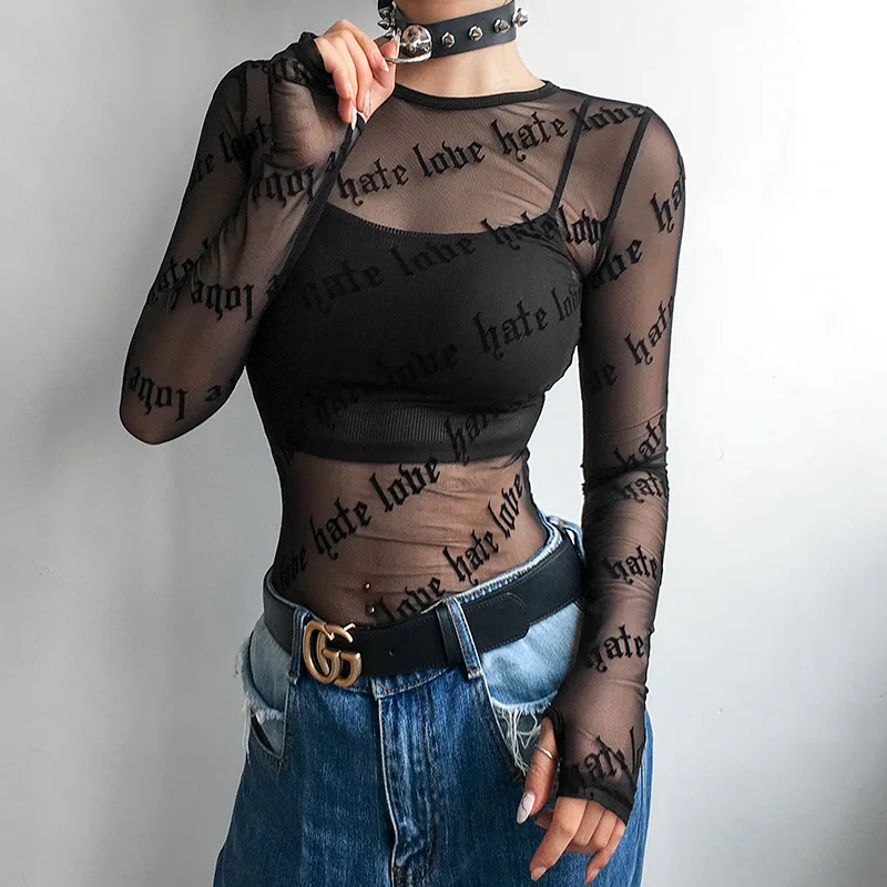

Women Sexy Letter Print Perspective Mesh Tops Black O-neck Long Sleeve Summer Slim T Shirts Woman Fashion Streetwear Plus Size