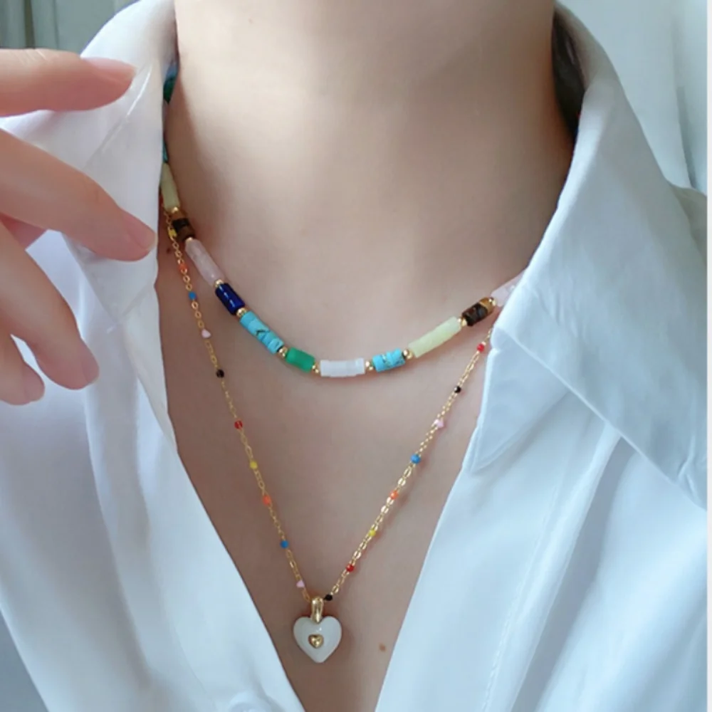 

Multilayer Handmade Colored Natural Stone Beaded Necklace Set for Women Love Pendant Chain Holiday Daily Dopamine Jewellery