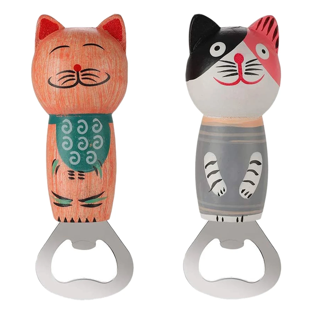 

2 Pcs Cartoon Creativity Bottle Opener Stainless Steel Beer Bottle Opener Cute Wooden Cats Opener With Magnet