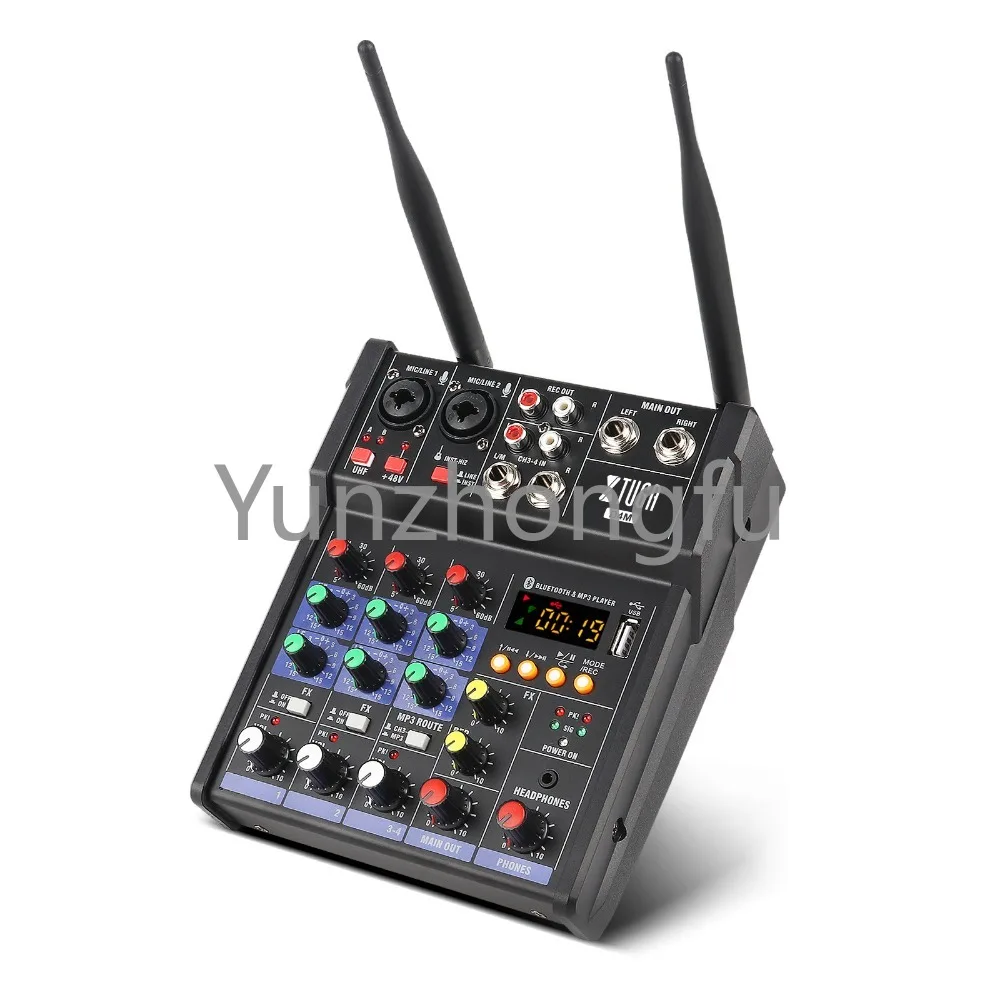 

Professional Portable UHF Dual Channel Wireless Microphone Vocal Effects Mixer DJ Console Digital Audio Music Mixer
