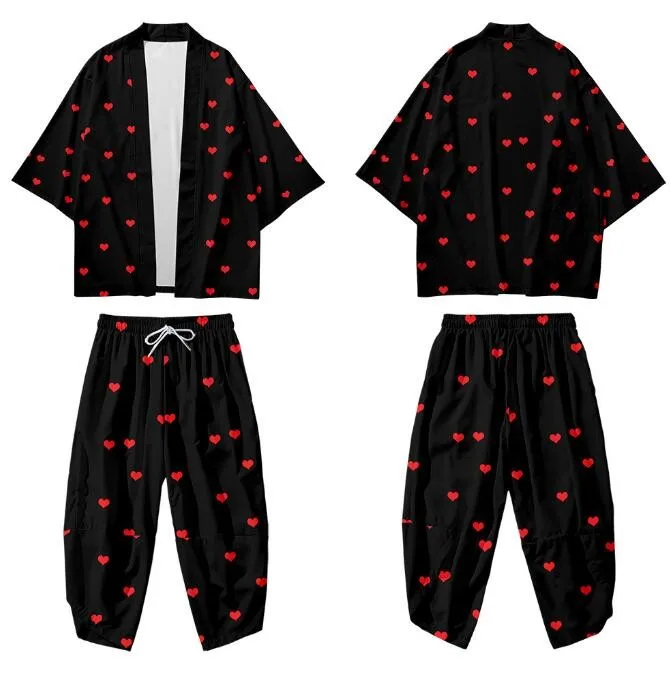 Men Print 2PCS Robe Sets Casual Loose Half Sleeve Kimono Robe Ankle-Length Sleep Bottoms Sleep Suit Large Size S-6XL Home Wear
