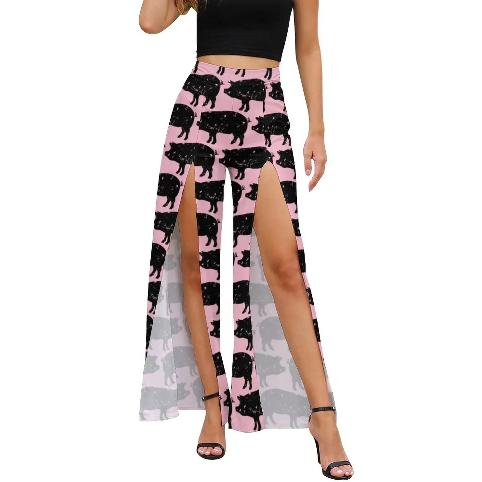 

Брюки женские с принтом животных, элегантные с разрезом спереди, с принтом свинки, широкие штаны с узором, летняя уличная одежда