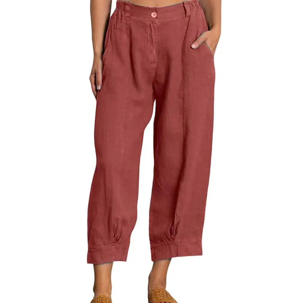 

Mid-Rise Button Slant Pockets Ninth-length Pants Solid Color Loose Fit Elastic Waist Simple Casual Trouser Streetwear Pantalones