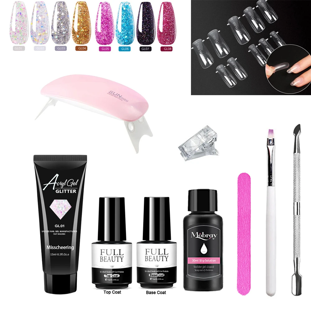 10pcs/Set Poly Nail Gel Kit Builder With LED UV Nail Lamp Glitter Nails Extension Gel Poly Nail Gel Kits Nail Art Supplies