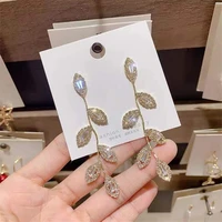 romantic crystal long leaf drop dangle earrings for women girls 2022 fashion bohemian wedding earring vintage gold color jewelry