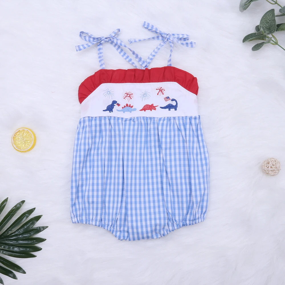 

One-Piece Cotton Clothes For Summer New Style Cute Dinosaur Flag Embroidery Romper Pretty Blue Grid Jumpsuit For 0-3T Girl