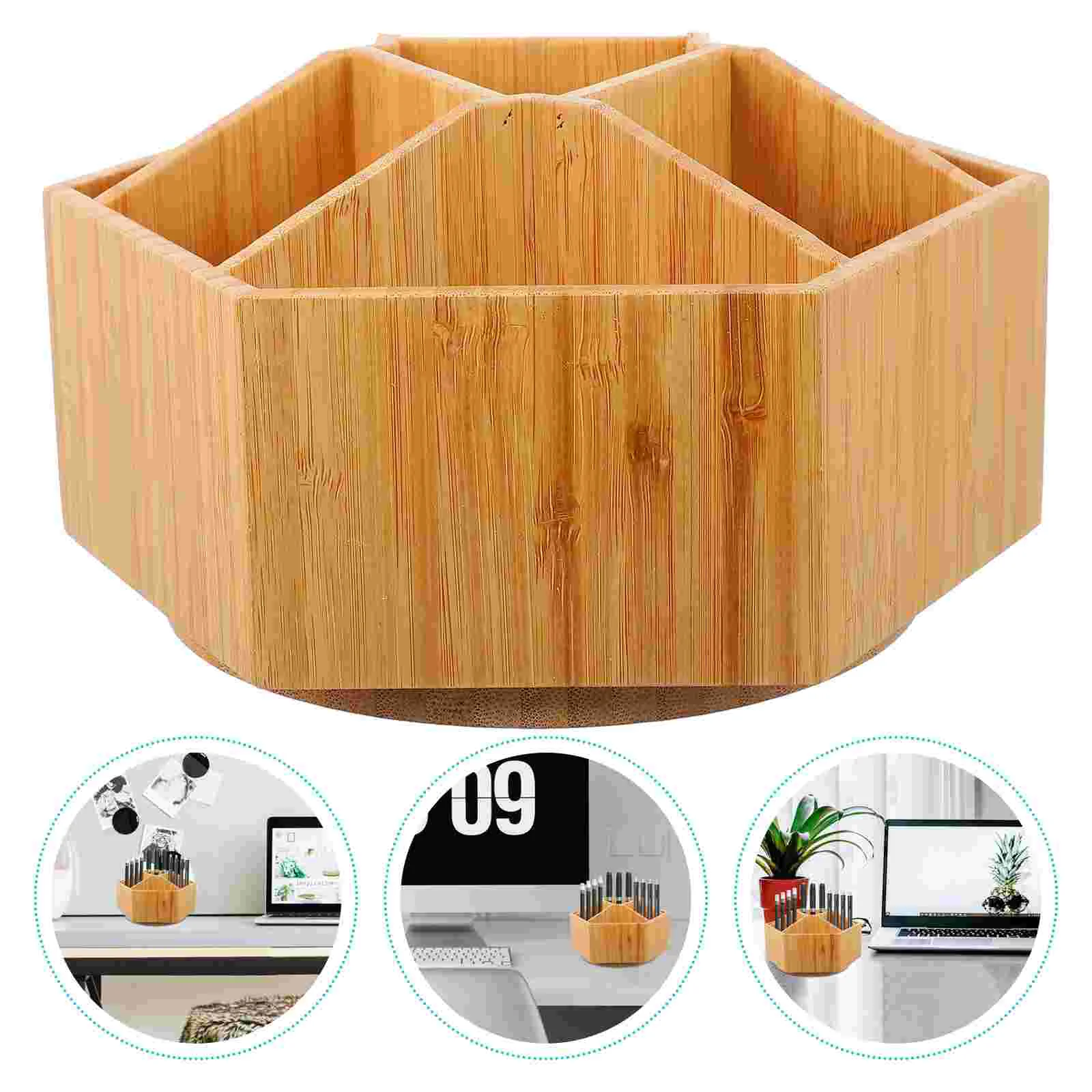 

Stationery Storage Box Rotating Bamboo Pen Holder Classification Compartment Box