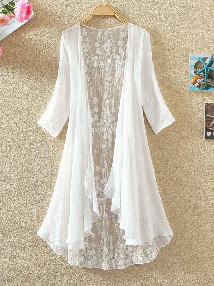 

Women Chiffon Tunic Kimono Cardigan Lace Long Shirt Ruffles Hollow Out Loose Ladies Cardigans Spring Summer Shirts Female