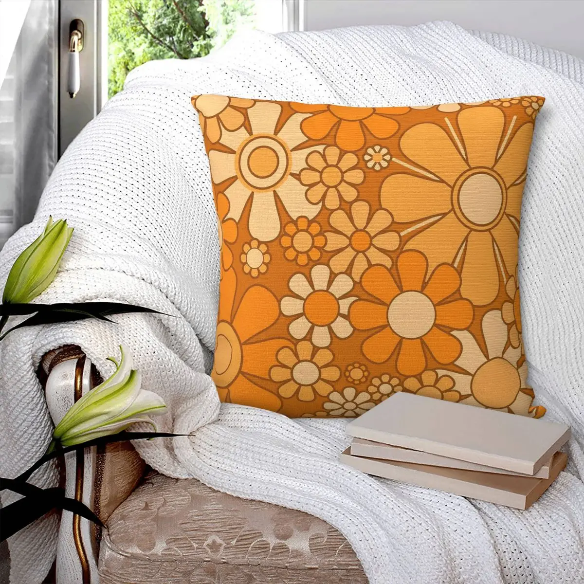 Фото Наволочка квадратная Sunny Orange Marigold Ochre из полиэстера, льна и бархата с узором, на молнии, декоративная, для подушки, чехол для кровати №3