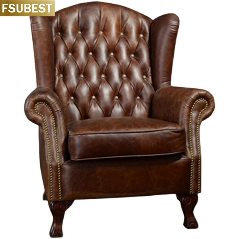

FSUBEST Antique Leather Club Chesterfield Lounge Sofa Chair Hotel Armchair Modern Classic Furniture