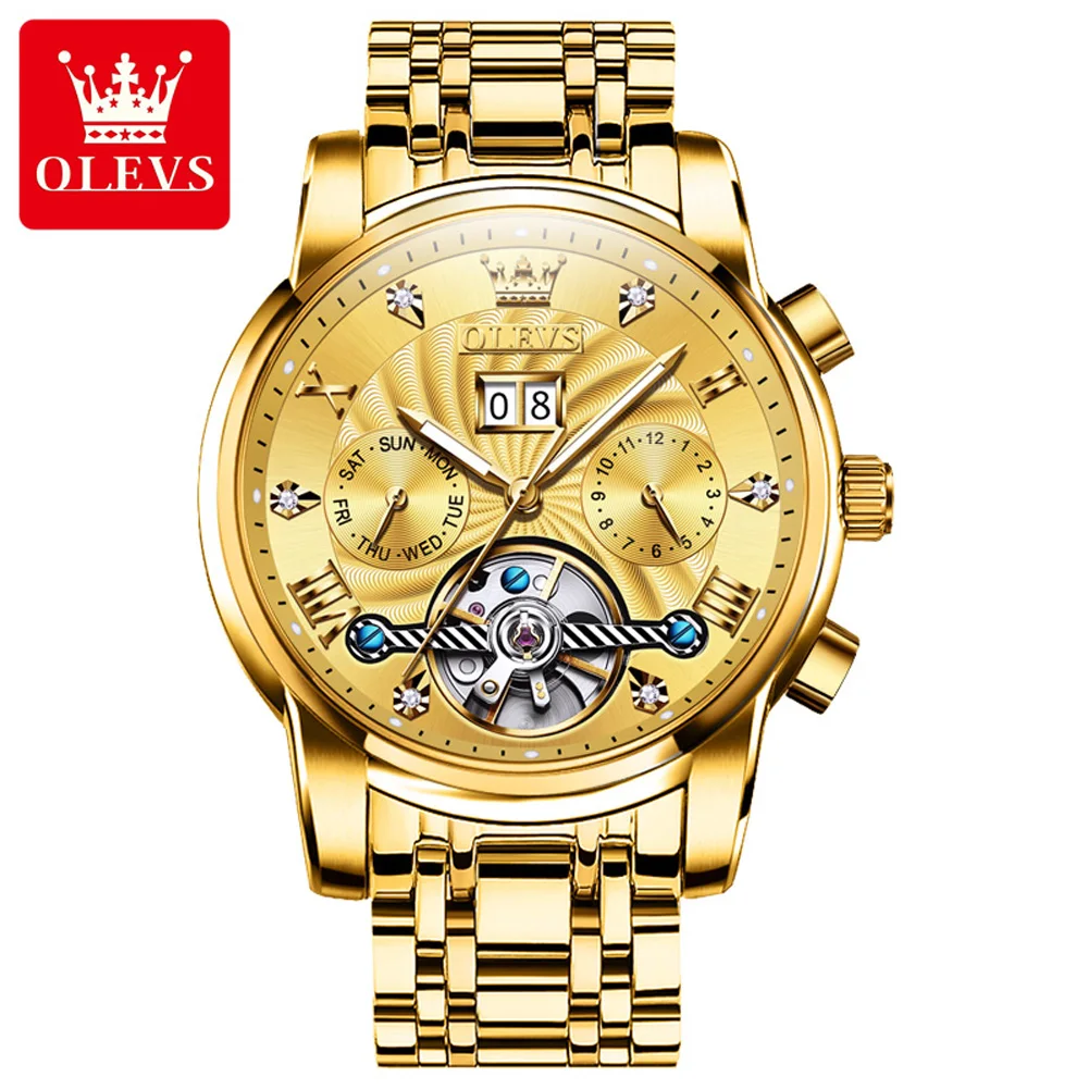 OLEVS Tourbillon Men Watches Top Brand Luxury Automatic Mechanical Business Clock Gold Watch Reloj Mecanico Hombres 9910
