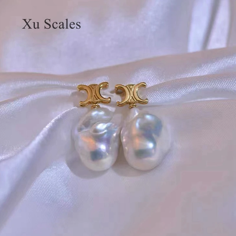 

French Vintage Senior Pearl Triumphal Arch Natural Shape 20-30mm Fresh Water Baroque Earrings S925 Sterling Silver Jewelry Gift