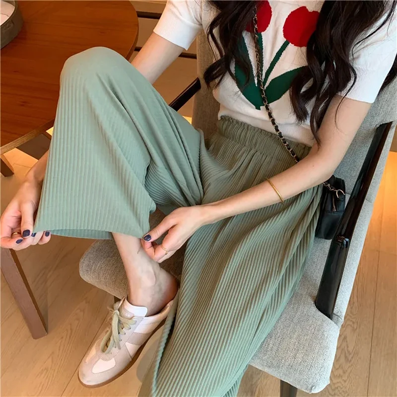 

Summer Thin Chiffon Wideleg Pants Women Blue Breathable Nine-point Pants Solid Color Yoga Loose Pants Women's Cropped Trousers