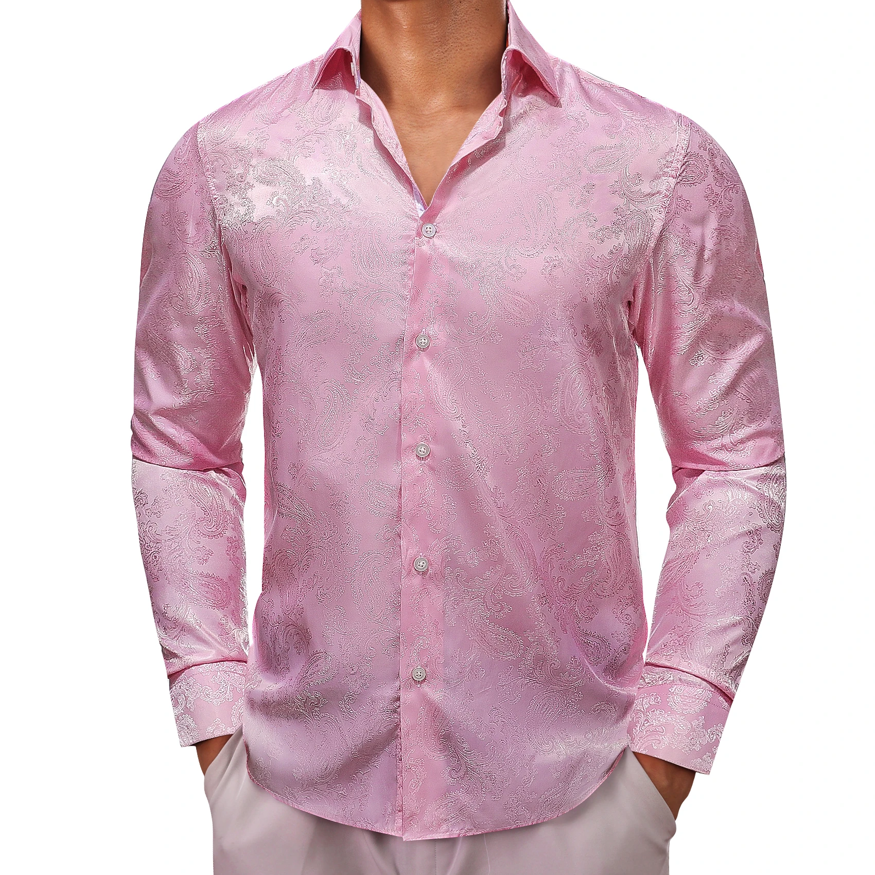 

Дизайнерские рубашки для мужчин, шелковые, с длинным рукавом, розовые, с рисунком Пейсли, облегающие, мужские блузки, повседневные, Формальные Топы, дышащие, Barry Wang