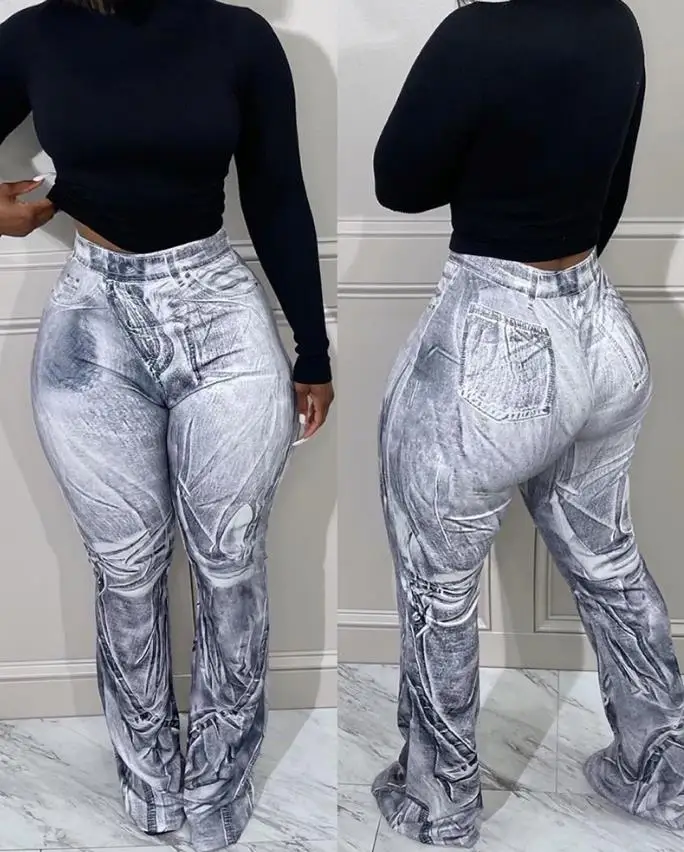 

Denim Print High Waist Pocket Design Pants