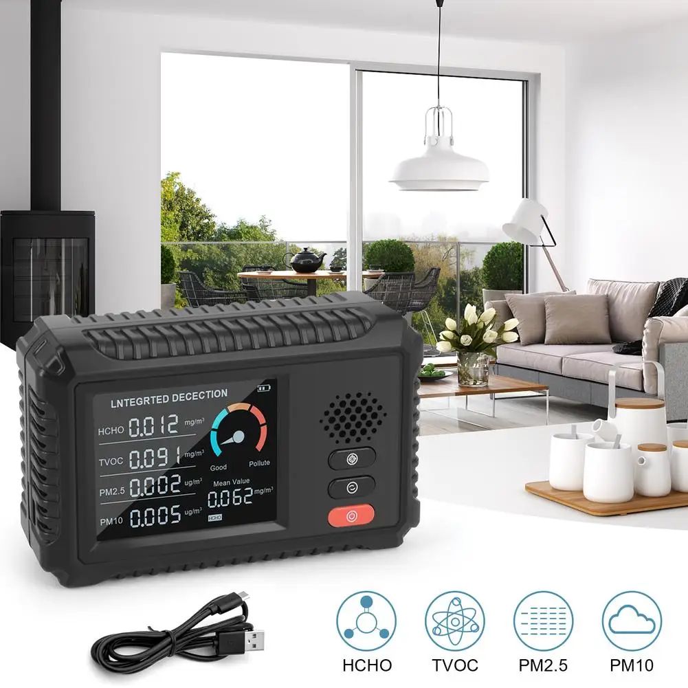 

5-в-1 монитор качества воздуха CO2 HCHO TVOC PM2.5 PM10 многофункциональный детектор воздуха и газа для дома и офиса и различных случаев