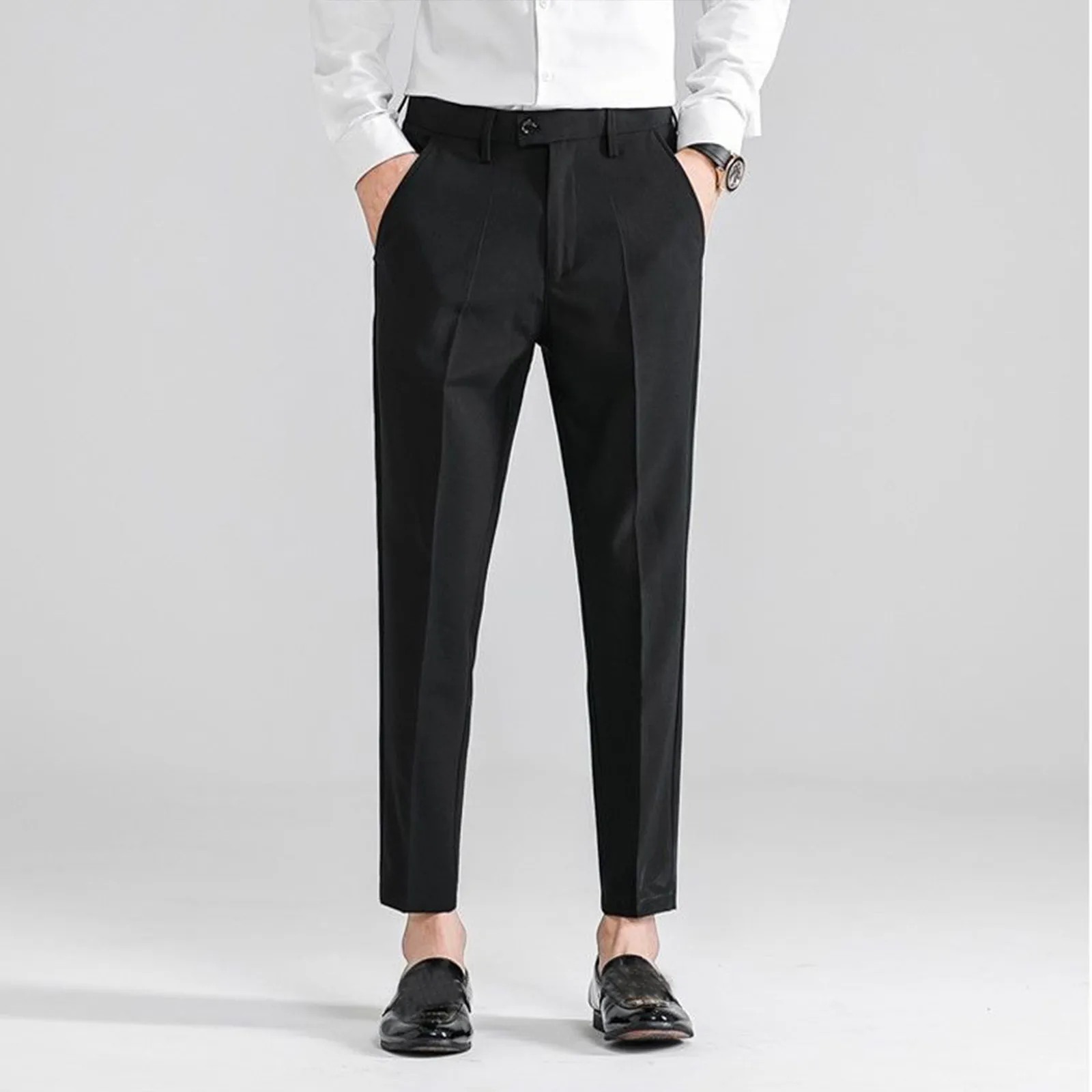 

Pleated Solid Trousers Suit Men's Pocket Casual Ankle-Length Pants Zipper Pants Men's pants