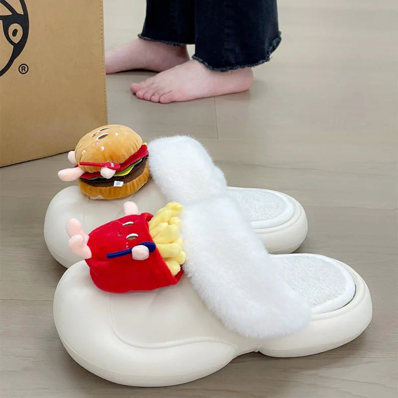 

Cartoon Burger Fries Slippers Women Couple Shoes Waterproof Plush Slippers Winter Warm Slides Bedroom Shoes Thick Sole Footwear