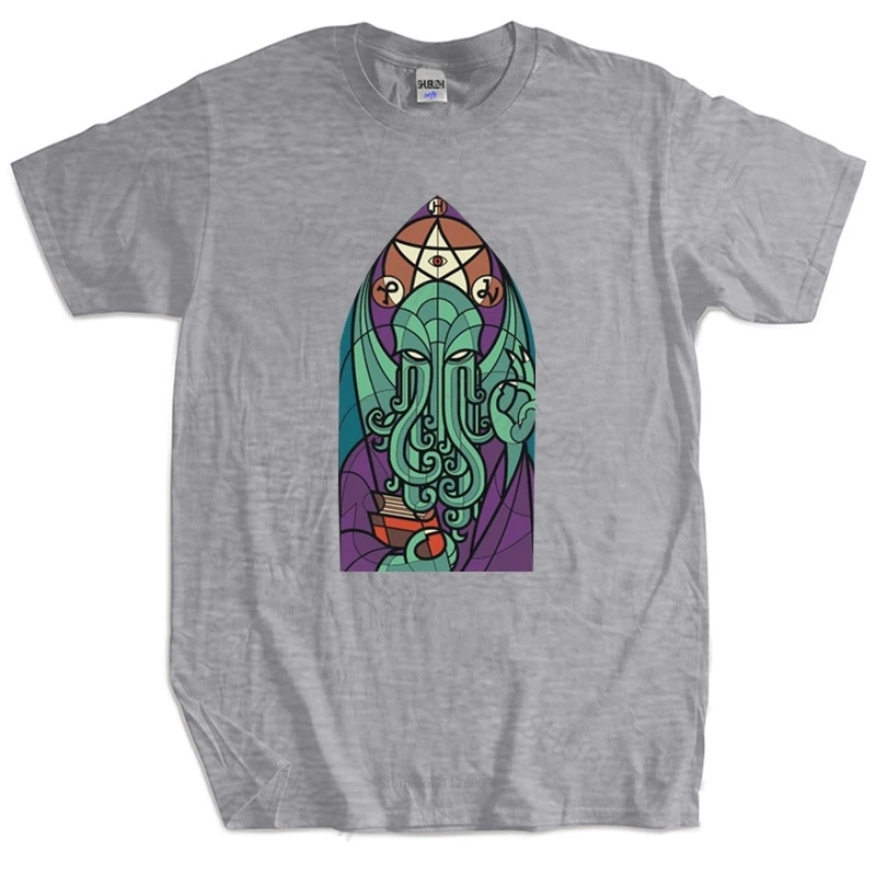 

Men Cotton T Shirt Summer CHURCH OF CTHULHU T-SHIRT Miskatonic Lovecraft Arkham Dunwich Kathedrale Kirch Homme Black T-shirt