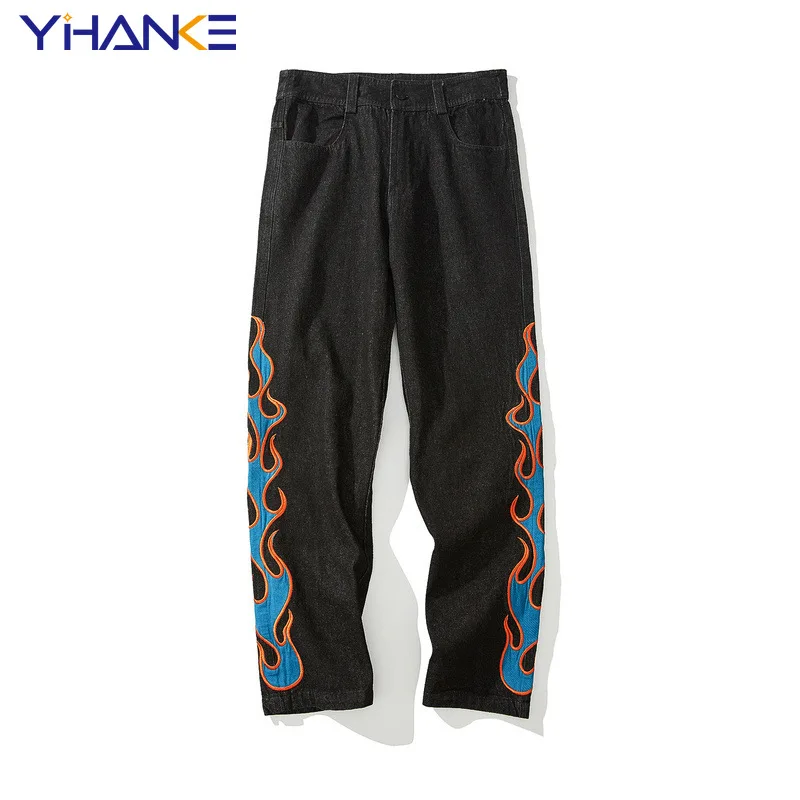 Flame Embroidery Men's Straight Jeans European and American High Street Tide Brand Hip Hop Casual Jeans for Men and Women