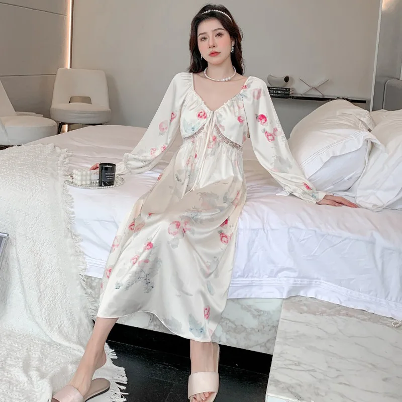 Sleeping Dress Women 2023 New Summer Ice Silk Long Sleeve Large Slim Sleepwear Fairy Home Fur