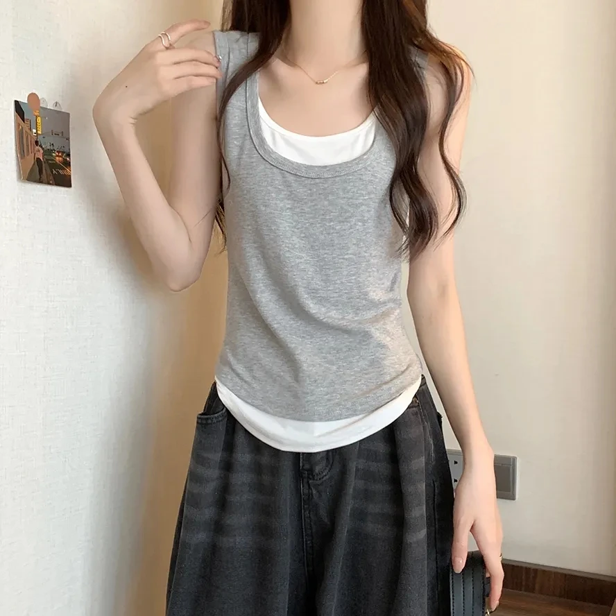 

Yasuk Summer Women Casual Slim Loose Pullover Versatile Solid Bottom Camisole Vest Tees Tank Top Soft Fake Two Piece Undershirt