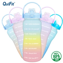 QuiFit 2L 64OZ 3.8L 128OZ Motivational Water Bottle With Time Marker Flip-Flop BPA Free Portable Sports Phone Stand GYM Jug
