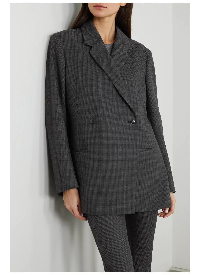

Women's Suit Notched Double Breasted Plaid Straight Pockets Long Sleeve Blazer Wool Office Lady Spring 2023 New