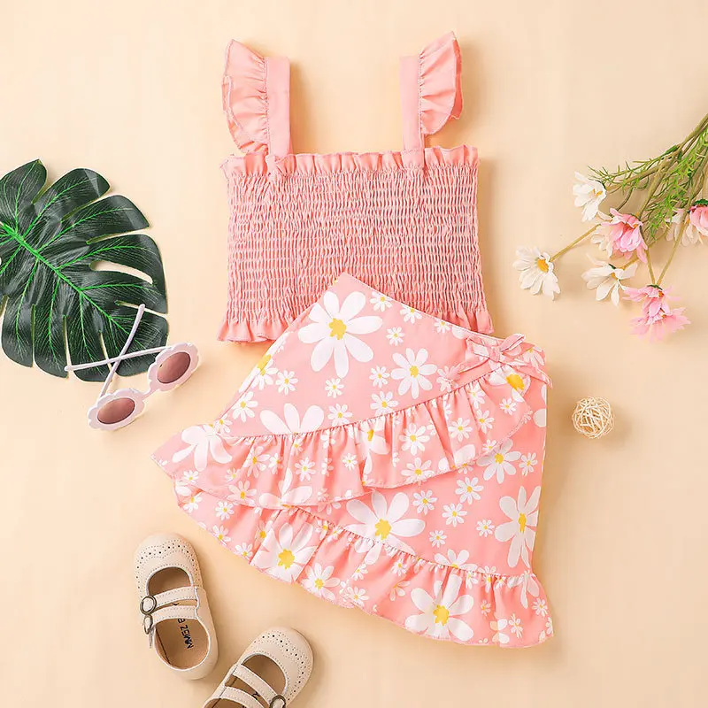 

Toddler Fashion Outfits Soild Color Sleeveless Tank Tops and Floral Skirts Girls 2 Piece Set Kids Bebes Jogging Suits Tracksuits
