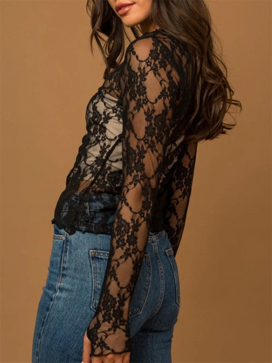 Женские прозрачные топы с цветочным кружевом и воротником-стойкой повседневные