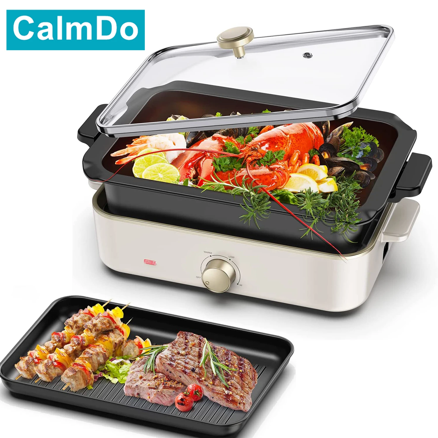 CalmDo 1400W 3 in 1 Electric Pan, Multi-functional Skillet Slow Cookers Non-stick Coating Meats Seafood Steak Pancake Griddle