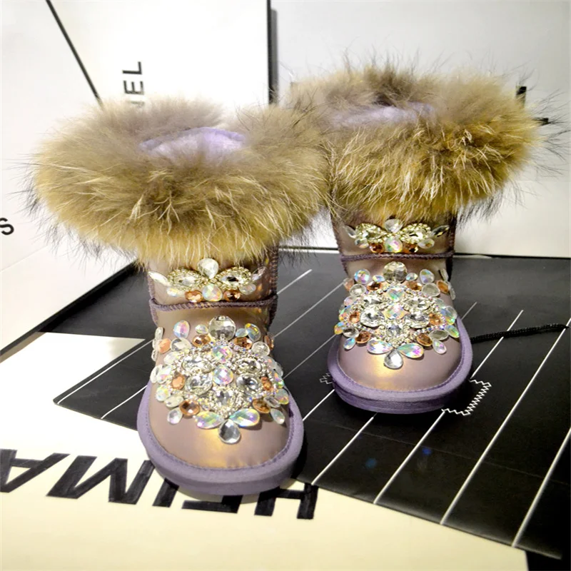 

Handmade custom gem fox fur short boots gradient fashion niche large size women's snow boots 35-44