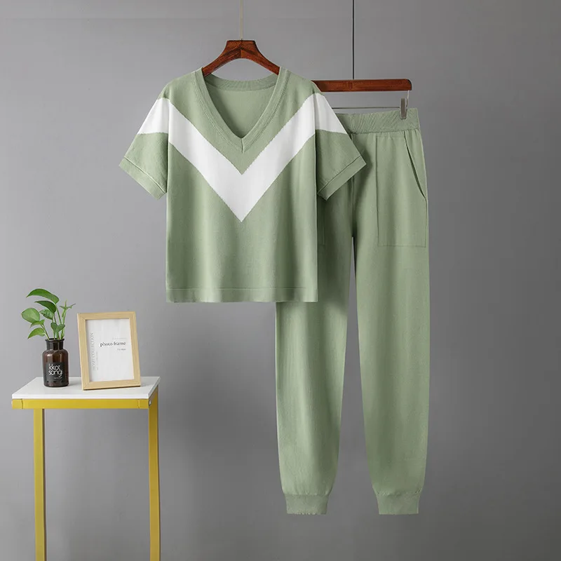 

Women's Trousers Suit 2023 Summer New Two-Piece Knitted Top High Waist Ankle Banded Fashion T-shirt