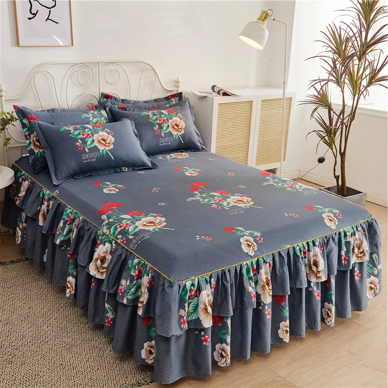 

3pcs Bedding Bed Skirts with 2pcs Pillowcases Wedding Lace Bedspread Bed Sheet Mattress Cover Full Twin Queen King Size Bedsheet