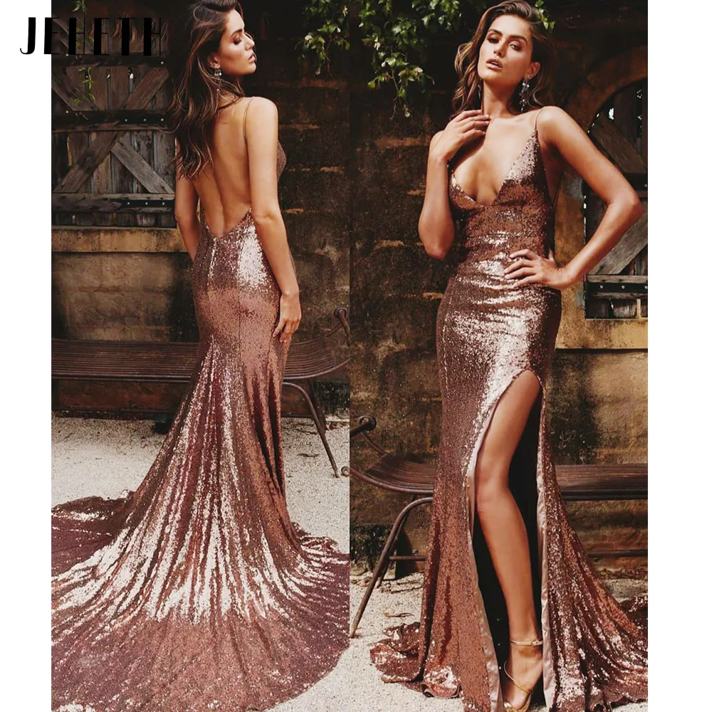 

JEHETH Sexy Long Sequin Deep V-Neck Evening Dresses Side Slit Mermaid Backless Sweep Train Robes De Mariée Prom Gowns For Women