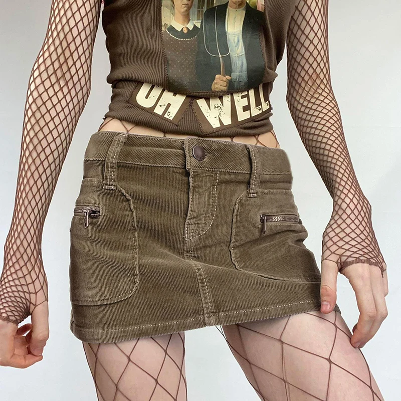 

2000s Retro Brown Corduroy Mini Skirts Y2K Aesthetics Vintage Zip Up Low Waist Pencil Skirt Preppy Harajuku Grunge Streetwear