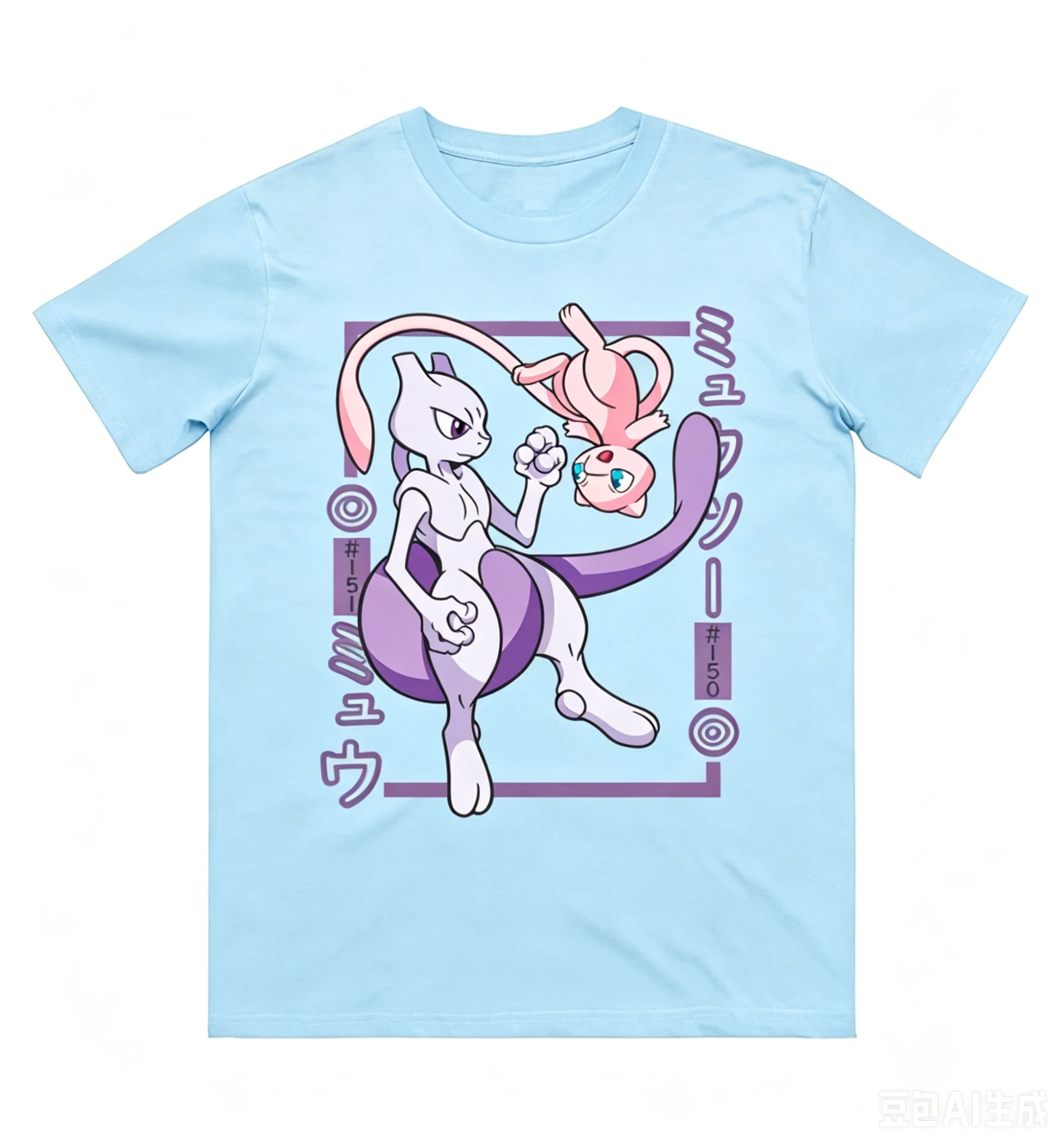 Фото Футболка из чистого хлопка с принтом Pokémon Mewtwo Mew для мужчин и женщин, новая коллекция весна/лето, модная рубашка с короткими рукавами №3