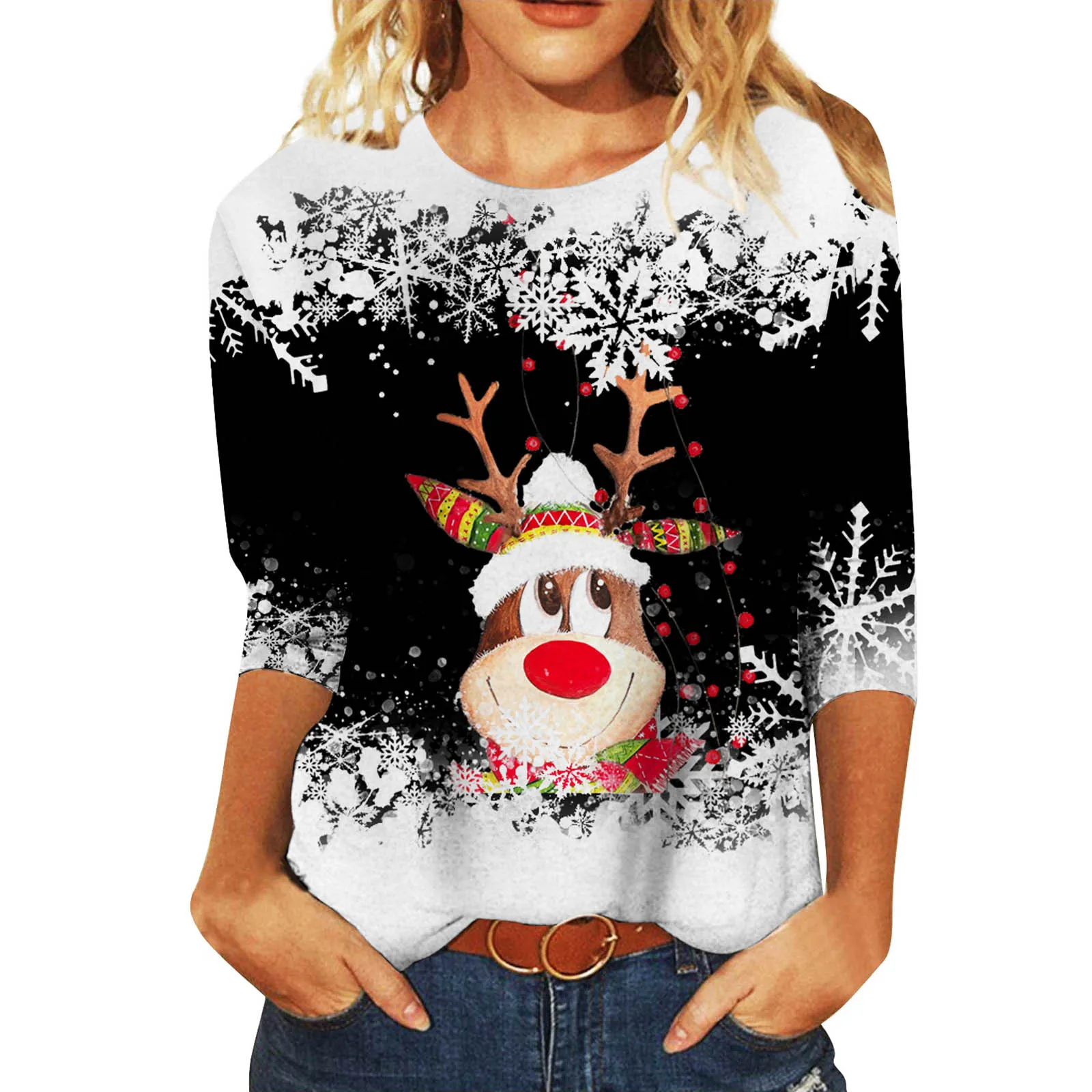 

Women's Christmas Series Printed Round Neck Middle Sleeve Contrast Casual T Shirt N 2 Peaces Set Women Drawstring Zip up Jacket