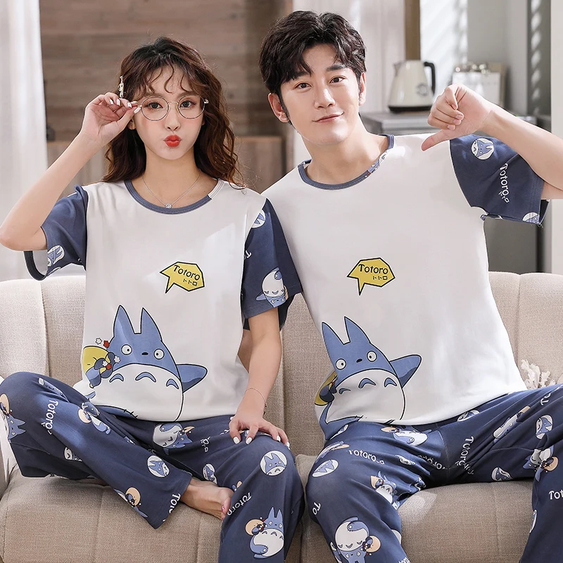 

New Summer Soft Cotton Loungewear for Couple Small Dinosaur Cartoon Printing Sleepwear Fashion Pajama Sets for Youth Lovers