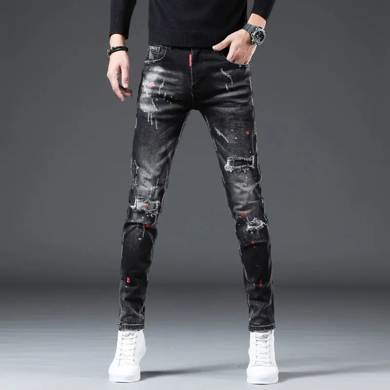 

High Quality Men' Fashion Printed Denim Pants Scratches Ripped Decoration Casual Jeans Classic Slim Style Black Stretch Trousers