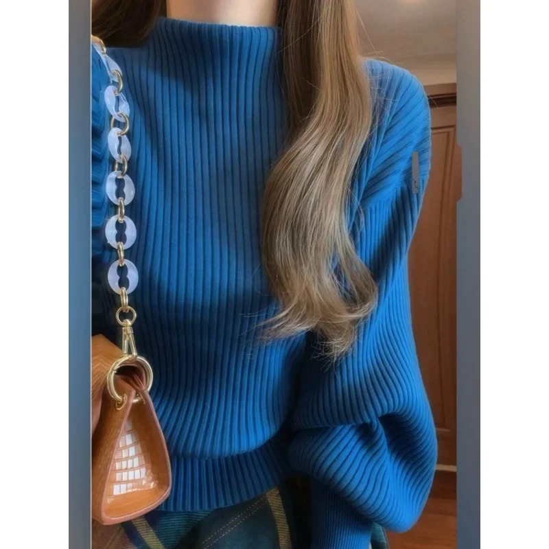 Осенне-зимний новый французский ретро синий вязаный свитер с полуводолазкой +