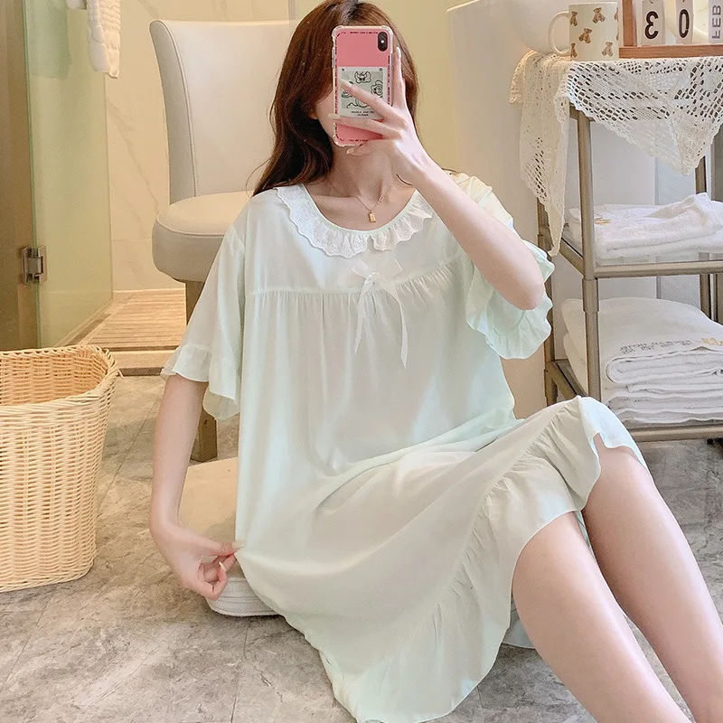 Big Size Women's Clothing Pure Color Nightgowns Summer Pajamas Loose Thin Sleepwear Attractive Women's Nightwear Short Sleeve