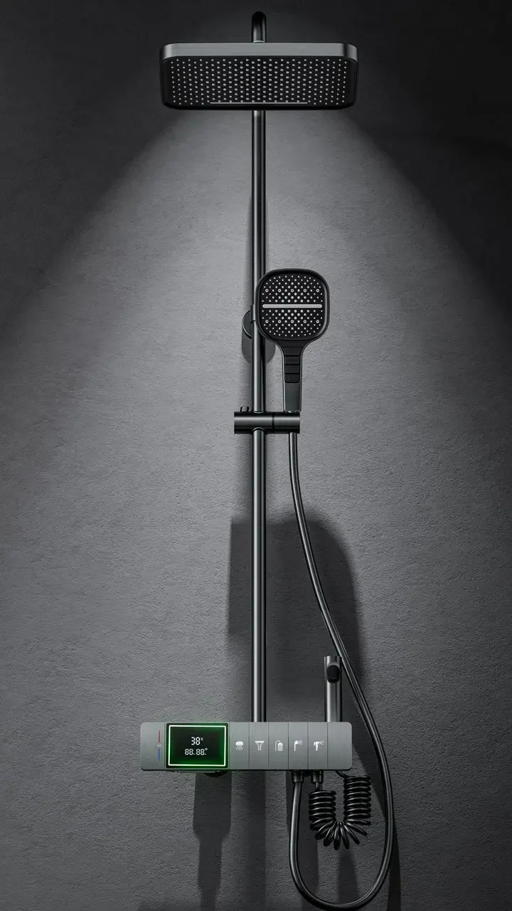 

Термостатический душевой набор для ванной комнаты, пианино с 5 функциями, распылитель «Водопад», серый, цифровой дисплей, кремовая, белая Душевая система