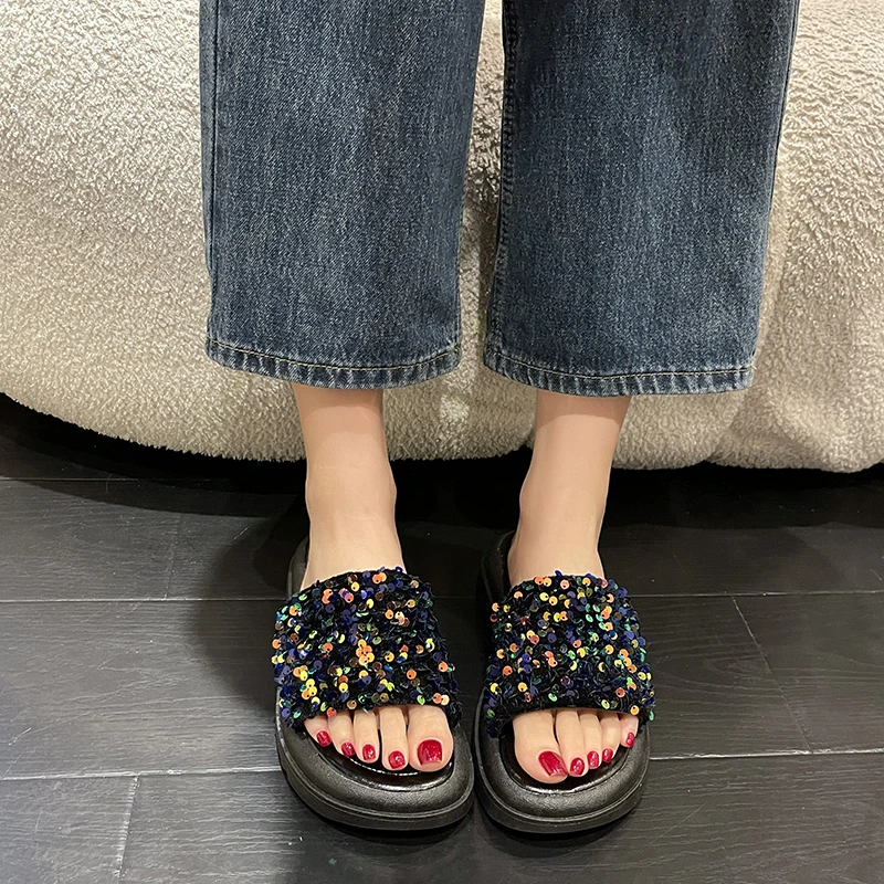 

Ladies Shoes on Sale 2023 Summer Platform Women's Slipper Fashion Flat Mid Heel Slides Outdoor Street Style Sequin Female Sandal