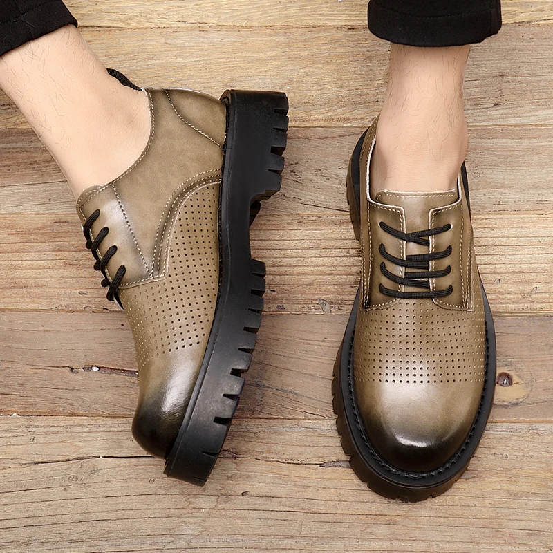 New Spring Summer Breathable Men Shoes Real Leather Designer Shoes Men Height Increasing Loafers Luxury Lace-up Dress Shoes